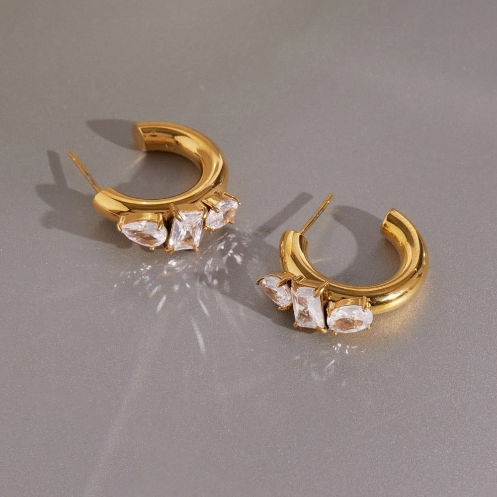 18K Gold PVD Stainless Steel CZ C Shape Hoop Earrings New